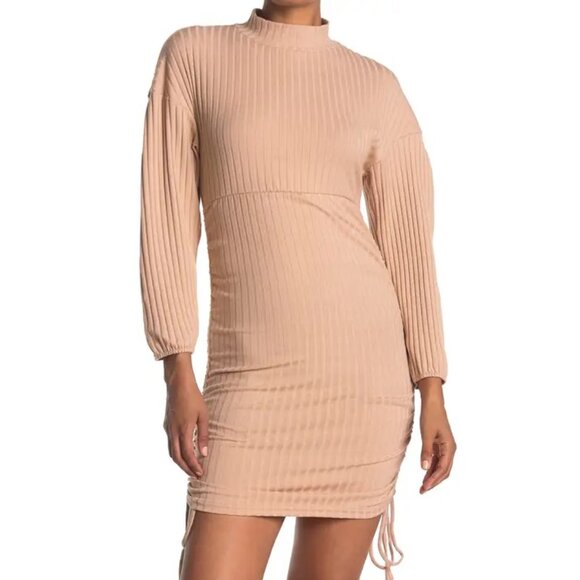 Velvet Torch Women's Khaki Ruched Ribbed Knot Long Sleeve Mini Dress SZ XL - Picture 1 of 8